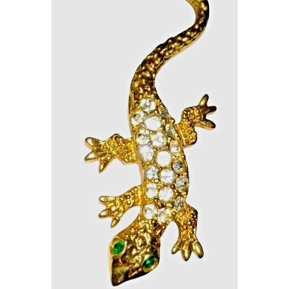Vintage Gold Tone Lizard Brooch Pave Green White Rhinestones Textured Reptile